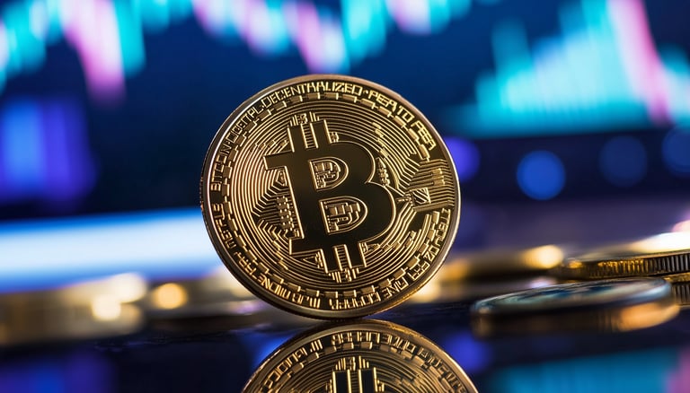 bitcoin on black surface with charts in background