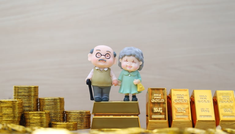 elderly couple with gold bars and coins for retirement