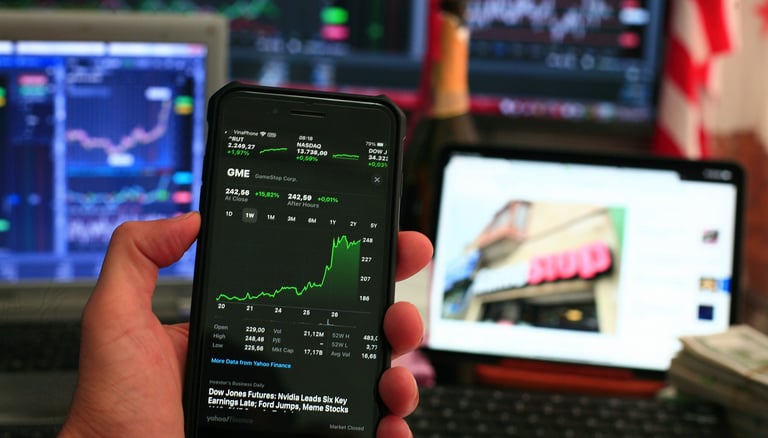 phone showing investing chart symbolizing market volatility