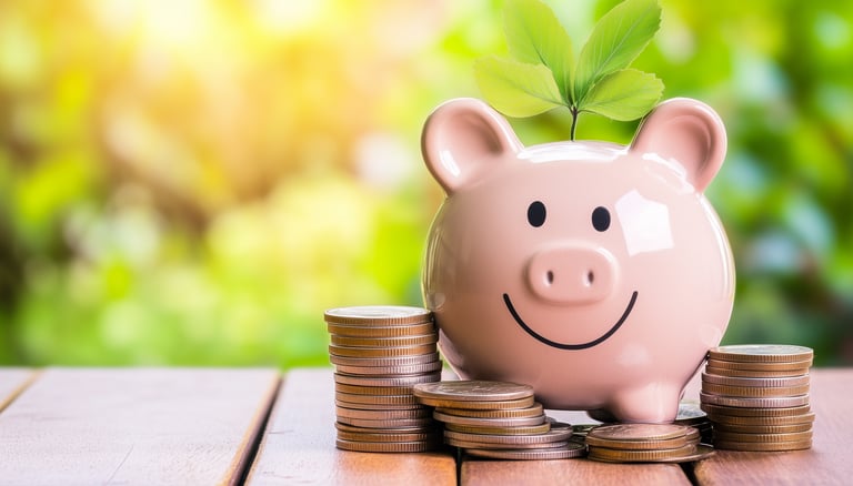 happy piggy bank with coins by it and a leaf sprouting on it for growth and wealth