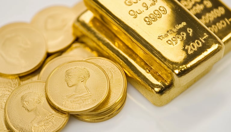 high quality gold bars and coins on white surface