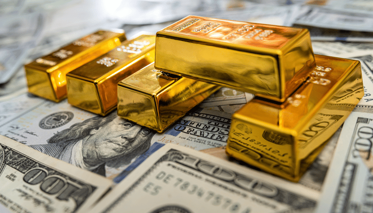 high quality gold bullion bars on top of US money
