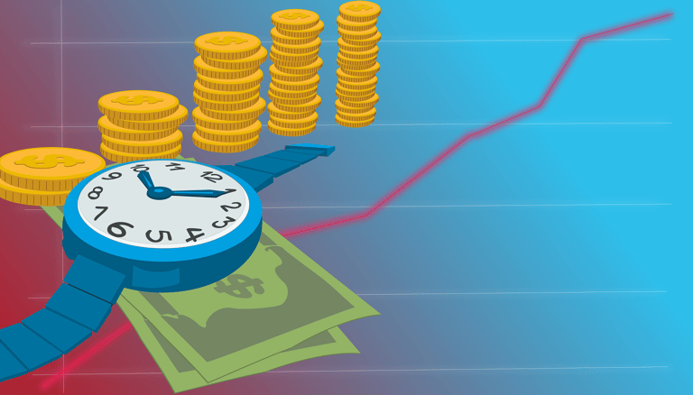 watch, money, coins, and a chart line for investing