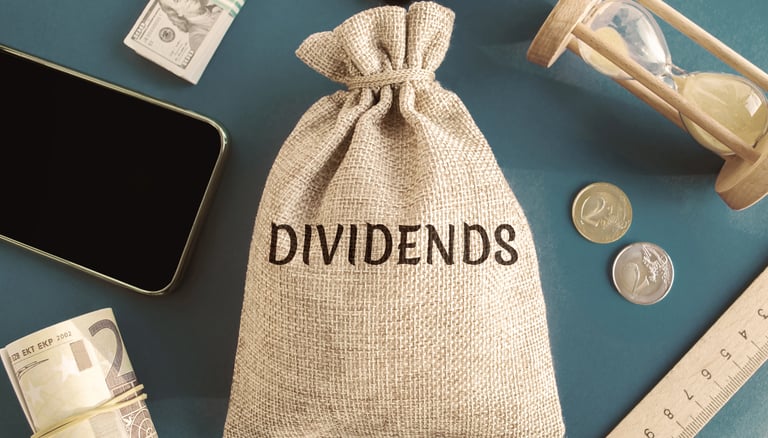 money bag a phone coins and a ruler for dividend growth investing
