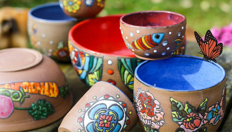 Vibrant colorful illustrated pottery