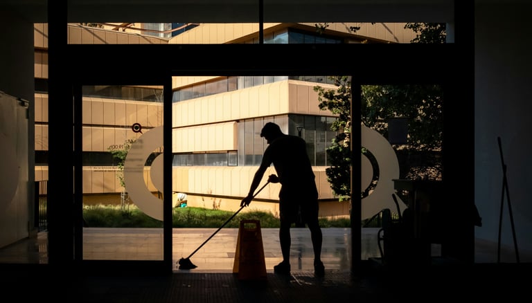A cleaning staff is cleaning a commercial location.