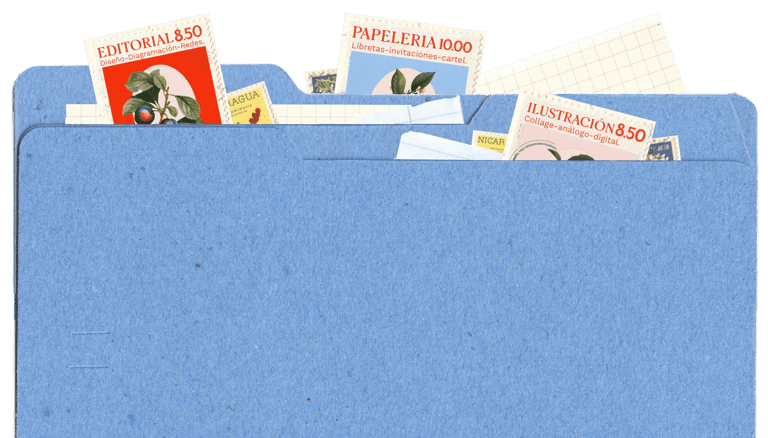 carpeta azul con papeles y estampillas