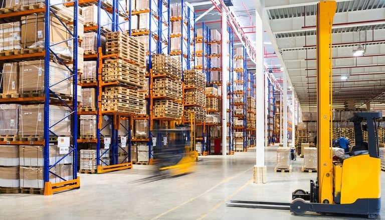 a forklift truck moving through a warehouse