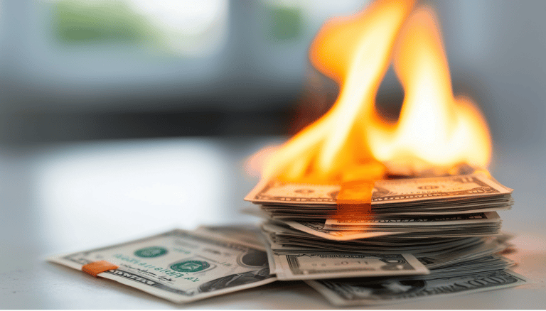 pile of money burning due to inflation