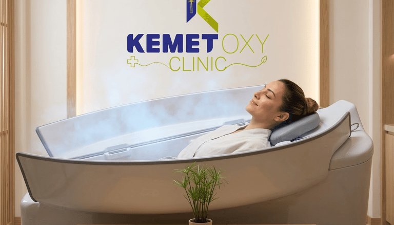 A woman relaxes in an ozone therapy steam sauna pod at Kemet Oxy Clinic for wellness treatment.
