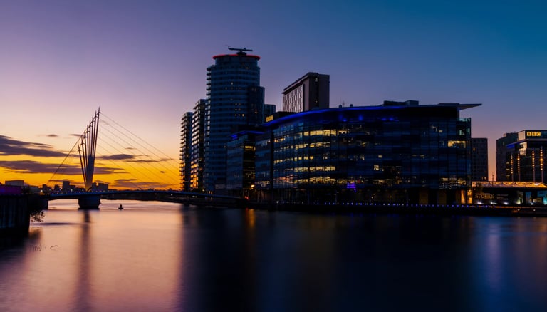 MediaCityUK skyline and Millennium Bridge at sunset over Manchester Ship Canal in Salford Quays.