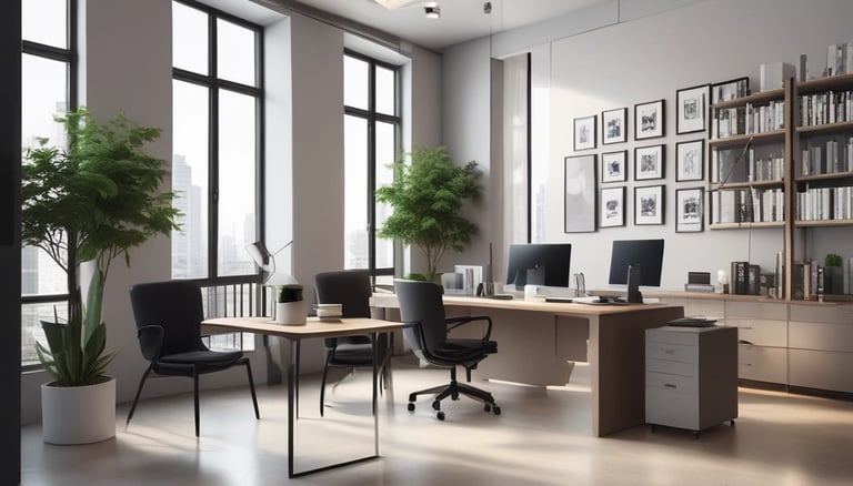 A friendly real estate agent discussing property details with clients in a bright office.