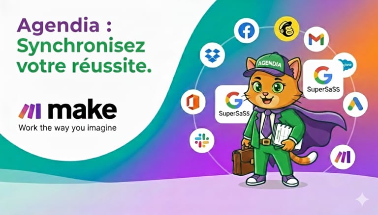 Agendia business mascot cat illustrating Make automation with Google, Slack, and Salesforce integration icons.