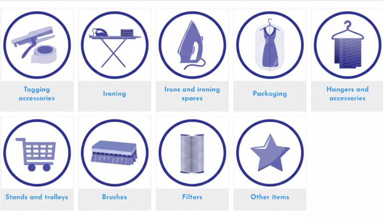 Icons for laundry and dry cleaning supplies like ironing boards, hangers, and packaging.