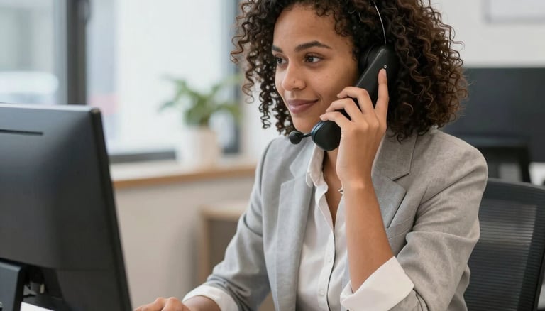 Friendly customer service representative assisting a client via headset.