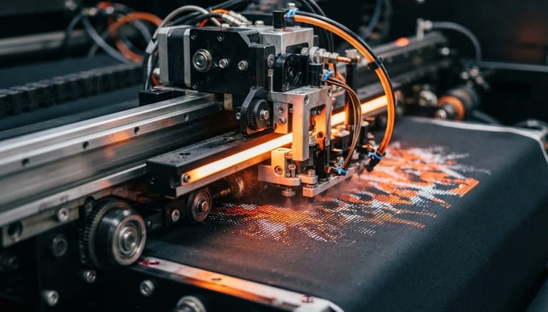 Close-up of a high-end digital printing press in action, sharp details, orange light accents, industrial precision