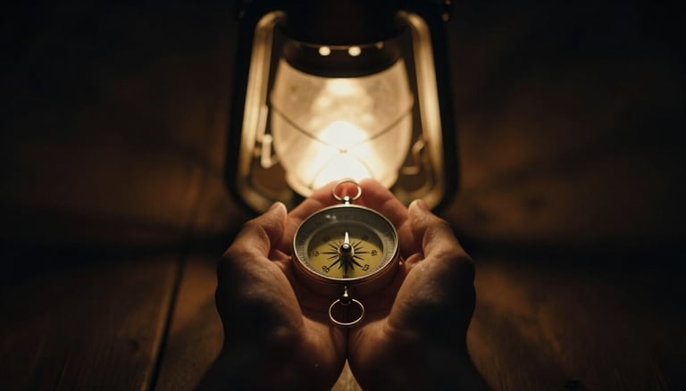 Hands holding lantern in darkness representing guidance through shadow work journey