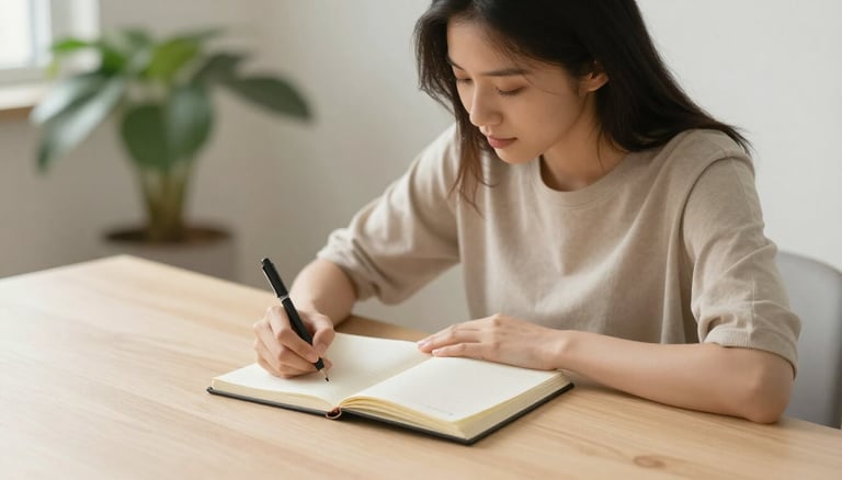 Woman calmly writing in journal at minimalist desk with afternoon light for emotional processing