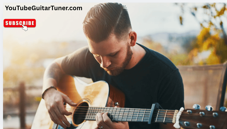 A musician playing an acoustic guitar outdoors, promoting a YouTube guitar tuner channel.