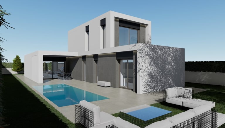 a modern house with a pool and a lounge area
