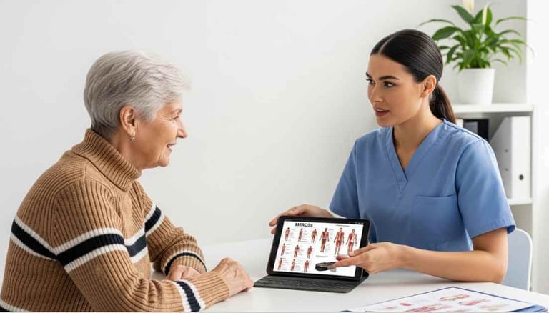 Pessoa idosa conversando com profissional de saúde sobre plano de exercícios em consultório.