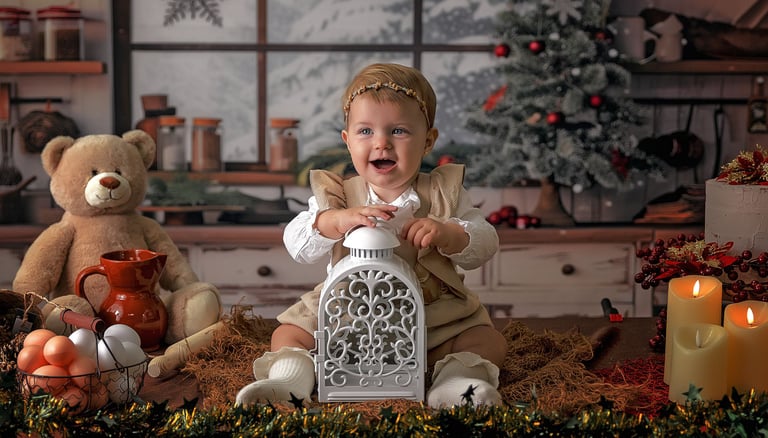 bebé sonriendo en un fondo de navidad con una lámpara entre las piernas