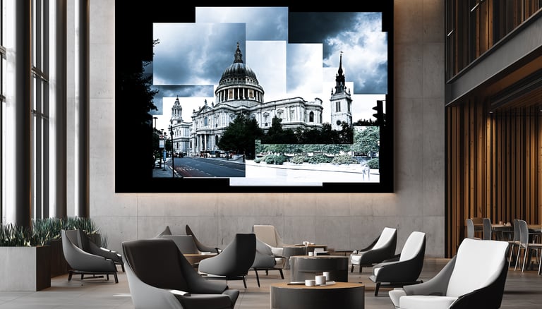 A corporate lobby mockup with a joiner of St Paul's cathedral on the wall