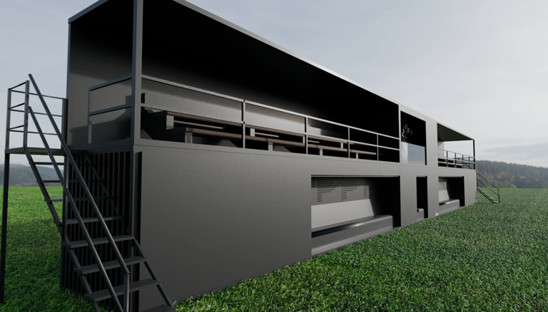 Módulo longitudinal de dos alturas con pasarela superior y escaleras exteriores