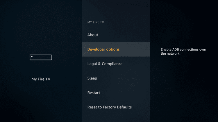 myfiretv  setting with developer options highlighted