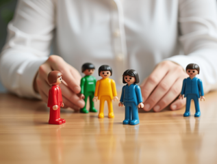 Uma terapeura manipulando bonecos de brinquedo sobre uma mesa.
