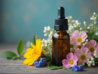 Um vidro de floral sobre uma mesa cheia de flores coloridas