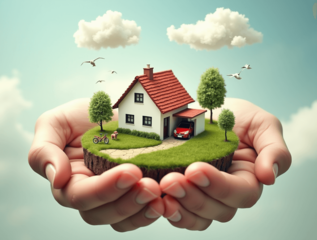 Mãos segurando um pequeno terreno com uma casa