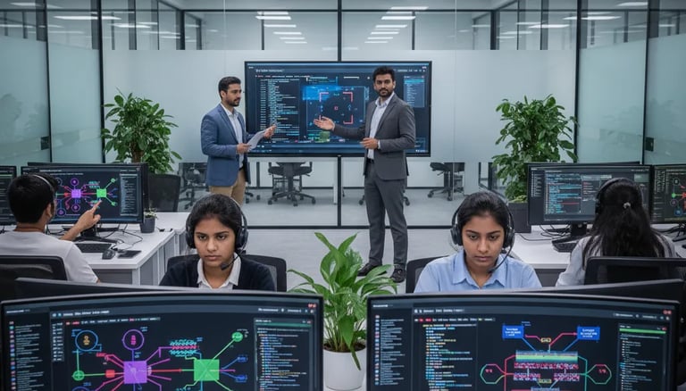 Students learning Python programming in a modern computer classroom with instructor