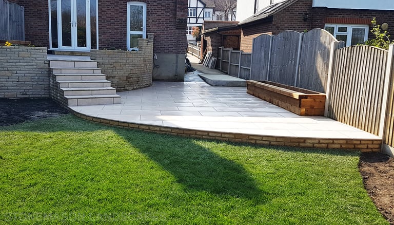 Elevated raised porcelain patio renovation and lawn levelling - Upminster 