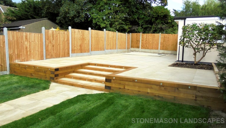 Large multi-level tiered garden makeover, sleeper retaining wall and steps elevated garden