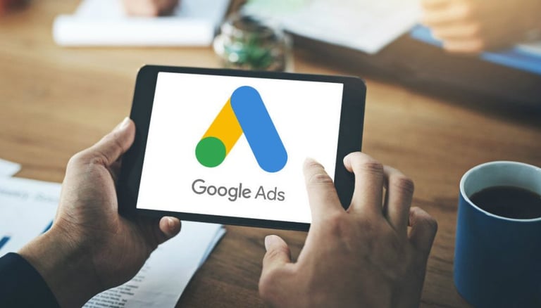 a person holding a tablet with google ads