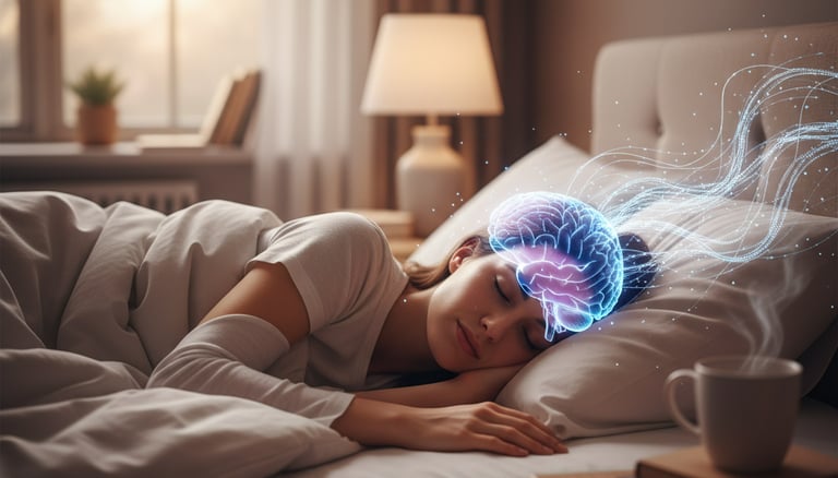 Person in deep sleep, wires on head, glowing brain overlay. Is it an alien download or biological screensaver?