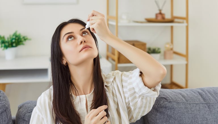Woman putting eye drops in her eyes