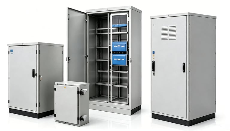 Durable industrial metal storage cabinets and electrical enclosures for secure equipment organization.