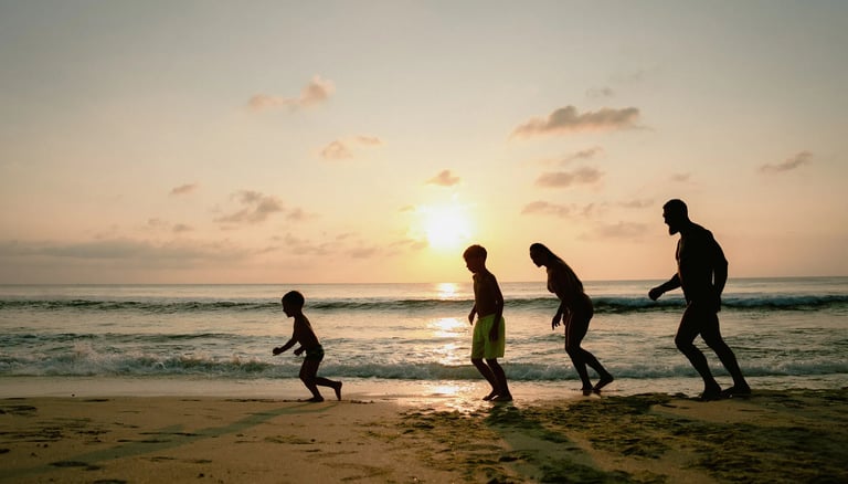 Parents and child running together along the shoreline during golden hour at Dreamland Beach Bali.