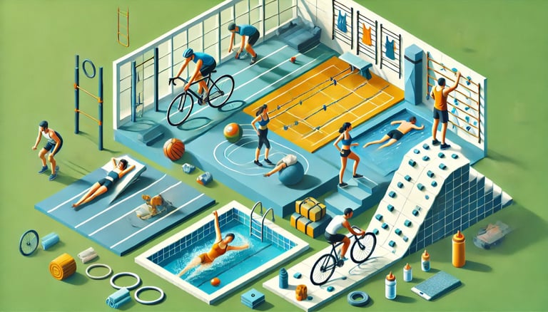Darstellung diverser Spartarten wie Radfahren, Klettern und Schwimmen 
