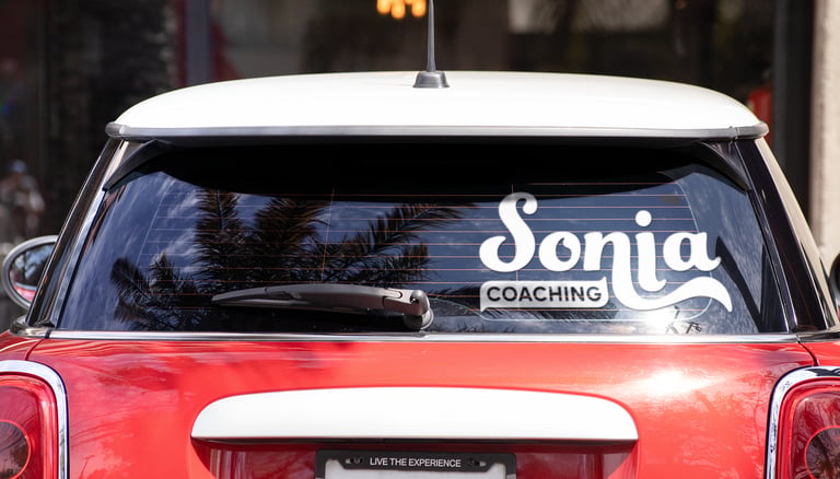 conception de logo identité visuelle pour coach professionnel affichée sur une voiture.
