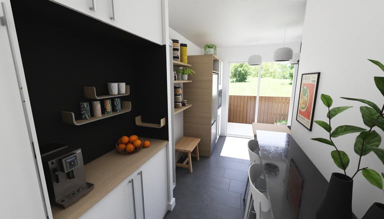 Vue 3D projet cuisine rénovée espace café