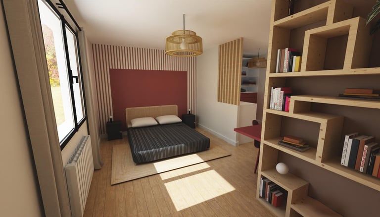 Vue chambre avec bibliothèque