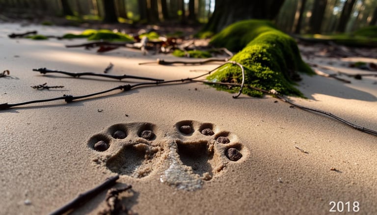 A serene forest setting with a detailed animal track cast in wet sand.