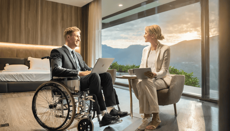 Rollstuhlfahrer sitzt einer Dame bei einem Beratungsgespräch in einem Hotelzimmer gegenüber