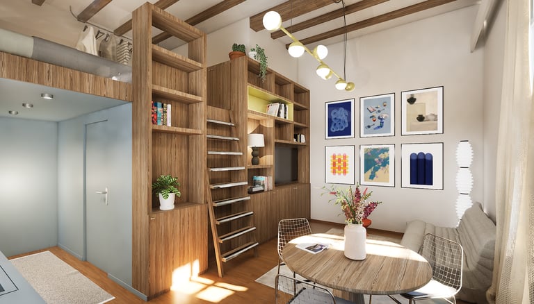 Studio Airbnb 27m² Lyon mezzanine avec bibliothèque intégrée et poutres apparentes
