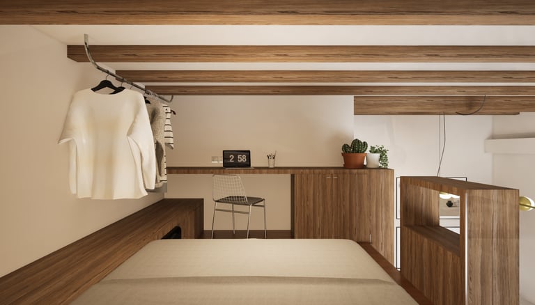 Mezzanine T1 bis Lyon Airbnb avec lit bureau et penderie aménagement sur 27m²