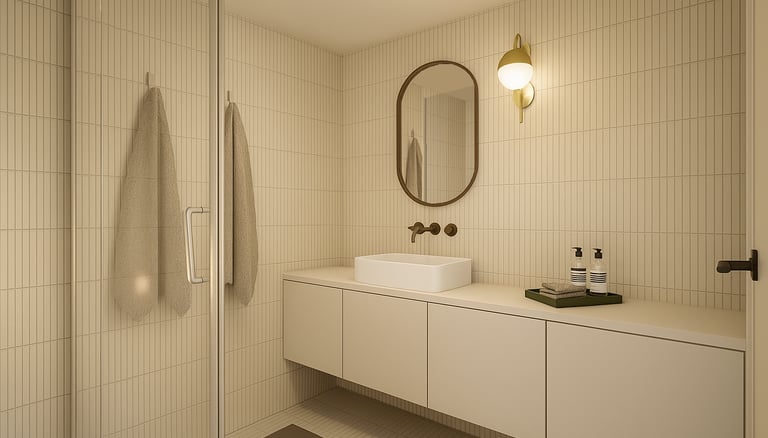 Salle de bain studio Airbnb Lyon design beige meuble vasque architecture intérieur