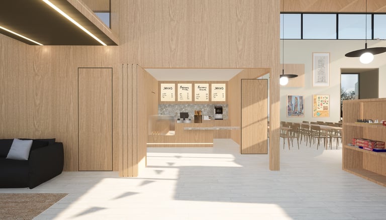 Comptoir café modulable portes sur rails aménagement centre loisirs - Maison enfance Duchère